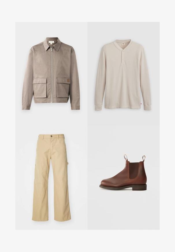 Licht beige jack met een ritssluiting aan de voorkant, spitse kraag en twee voorste zakken met klep. Het materiaal heeft een gladde, licht gestructureerde afwerking.; Lange mouwen henley-shirt in lichtbeige ribbelstof, met een V-hals, een drieknoopsluiting en manchetten. Rode logo-label aan de onderkant.; Beige wijde cargo broek met een knoopsluiting, voorzien van zijzakken, gemaakt van stevig katoen, met een soepele textuur en een recht gesneden ontwerp.; Bruine leren Chelsea-boot met elastische zijpanelen, een treklabel en een lage gestapelde hak. Gladde textuur met ronde neus en minimale details.