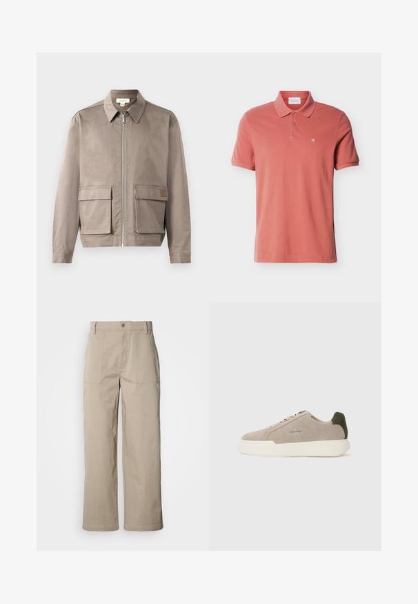 Hellbeige Jacke mit Reißverschluss vorne, spitzem Kragen und zwei vorderen Klappentaschen. Das Material hat eine glatte, leicht strukturierte Oberfläche.; Herren-Poloshirt in kurzem Ärmel und staubigem Rosaton mit zwei Knöpfen und kleinem weißem "cK"-Logo auf der linken Brust.; Beige Hosen mit weitem Bein aus Baumwolle; mit vorderen aufgesetzten Taschen, einem Knopfverschluss und sichtbaren Nähten entlang der Säume.; Beige Wildledersneaker mit einer weißen Gummisohle, die einen dunkelgrünen Akzent an der Ferse und dezente Markenaufschrift an der Seite aufweisen.