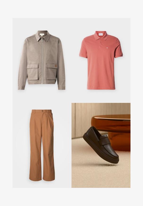 Lys beige jakke med lynlås foran, spids krave og to forsætslommer. Materialet har en glat, let struktureret overflade.; Herre polo med korte ærmer i støvet rosa med to knapper og lille hvidt "cK"-logo på venstre bryst.; Bukser med vide ben i et varmt brunt stof, med frontknaplukning, diskrete folder og en lige pasform for en afslappet komfort.; En enkelt mørkebrun læderloafer, der svæver over en cremefarvet tæppe med et rundt orange bord i baggrunden.