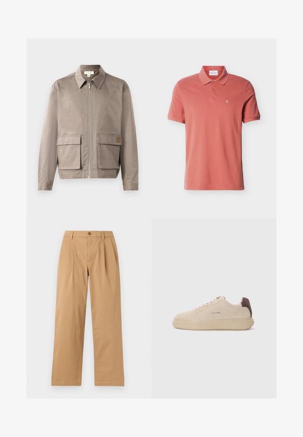 Licht beige jack met een ritssluiting aan de voorkant, spitse kraag en twee voorste zakken met klep. Het materiaal heeft een gladde, licht gestructureerde afwerking.; Heren polo met korte mouwen in stoffige rozenkleur, voorzien van twee knopen en een klein wit "cK" logo op de linkerborst.; Lichtbruine broek met rechte pijpen, voorplooien, riemlussen en een knoopsluiting in de tailleband, afgebeeld tegen een effen achtergrond.; Beige suède sneakers met een ronde neus, vetersluiting aan de voorkant en een bruine suède accent op de hiel. Beschikt over een gestructureerde rubberen zool.
