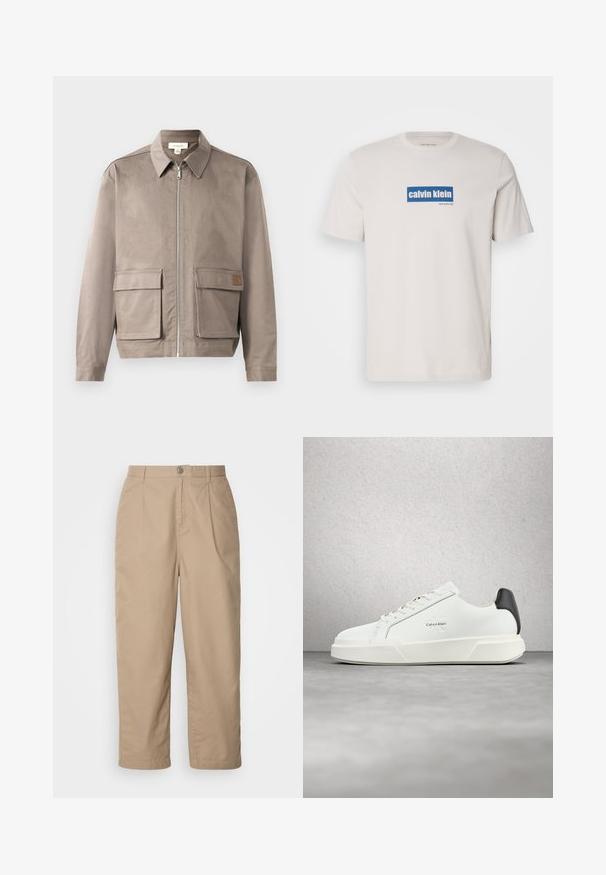 Lys beige jakke med lynlås foran, spids krave og to forsætslommer. Materialet har en glat, let struktureret overflade.; Hvid bomulds T-shirt med et blåt rektangulært logo med "calvin klein" og "new york city" i hvid tekst på forsiden. Klassisk pasform.; Beige, lette bomuldsbukser med plisset front, knaplukning og lige ben, der har en glat tekstur og ingen synlige mønstre.; Hvide sneakers med en glat læderoverdel, flade snørebånd og en forhøjet hvid sål. Har en sort detalje ved hælen og et præget logo.