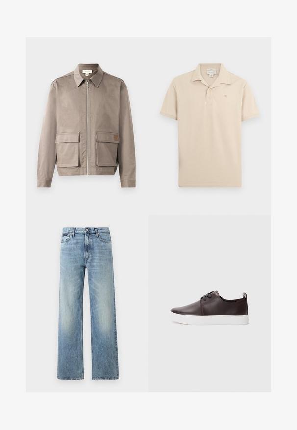 Licht beige jack met een ritssluiting aan de voorkant, spitse kraag en twee voorste zakken met klep. Het materiaal heeft een gladde, licht gestructureerde afwerking.; Beige korte mouwen polo met twee knopen, kraag en een klein geborduurd "ck" logo op de linkerborst.; Lichtblauwe denim jeans met rechte pijpen, een hoge taille, vijf zakken, knoopsluiting en subtiele vervaging op de dijen en knieën.; Bruine leren sneakers met een gladde afwerking, witte rubberen zool, ronde neus en vetersluiting. Heeft een lus aan de hiel.
