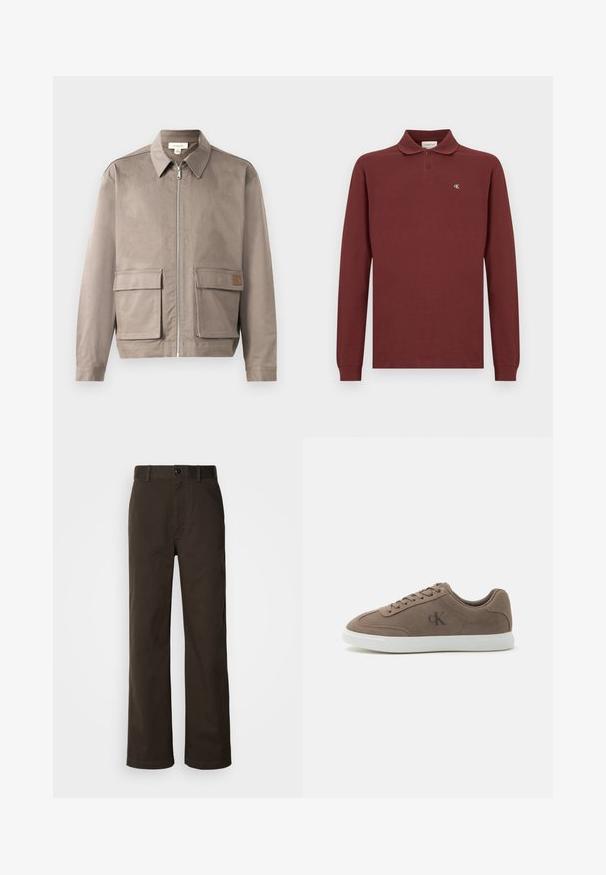 Licht beige jack met een ritssluiting aan de voorkant, spitse kraag en twee voorste zakken met klep. Het materiaal heeft een gladde, licht gestructureerde afwerking.; Bordeaux lange mouwen polo shirt van katoen, met een klassieke kraag, een drie-knopen sluiting en een klein geborduurd logo op de borst.; Bruine katoenen broeken met een recht gesneden ontwerp, voorzien van een knoopsluiting, riemlussen en minimale stikdetails.; Taupe suède lage sneaker met beige veters, witte rubberen zool en subtiel "cK" logo aan de zijkant.
