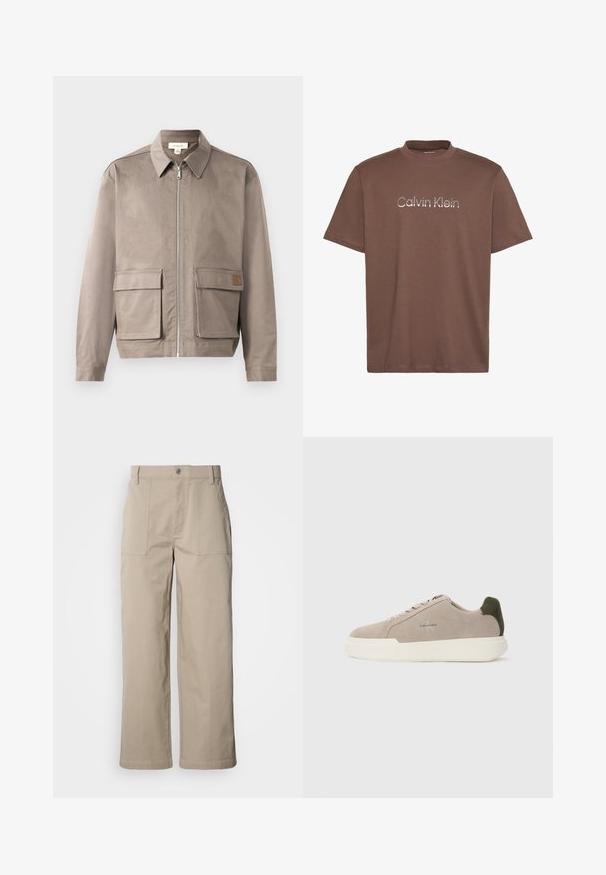 Licht beige jack met een ritssluiting aan de voorkant, spitse kraag en twee voorste zakken met klep. Het materiaal heeft een gladde, licht gestructureerde afwerking.; Bruine T-shirt met korte mouwen en ronde hals, met een reflecterend zilveren "Calvin Klein"-logo in het midden van de borst.; Beige wijde broek van katoen; voorzien van voorzakken met klep, een knoopsluiting en zichtbare stiknaden langs de zoom.; Beige suède sneakers met een witte rubberen zool, voorzien van een donkergroene hielaccent en subtiele branding aan de zijkant.