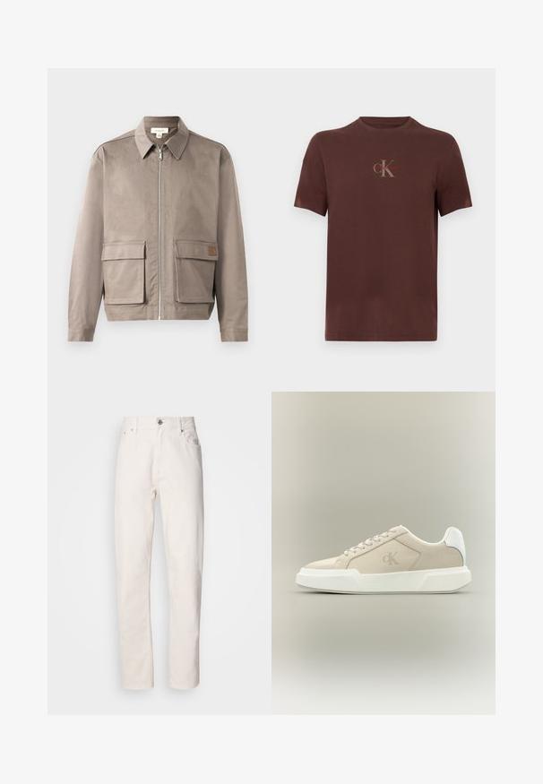 Hellbeige Jacke mit Reißverschluss vorne, spitzem Kragen und zwei vorderen Klappentaschen. Das Material hat eine glatte, leicht strukturierte Oberfläche.; Braunes Baumwoll-T-Shirt mit kurzen Ärmeln, einem Brustlogo in Grau und Rot, rundem Ausschnitt und einem lockeren Schnitt.; Weiße Denim-Jeans mit geradem Bein, Knopf- und Reißverschluss, Gürtelschlaufen sowie Vorder- und Hintertaschen, auf einfarbigem Hintergrund gezeigt.; Beiger Low-Top-Sneaker mit dicker weißer Sohle, Schnürsenkeln, weißer Fersenschlaufe und dezentem CK-Logo auf dem Seitenpanel.