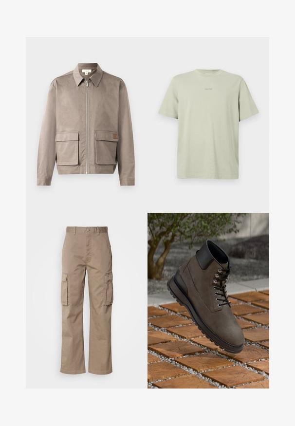 Hellbeige Jacke mit Reißverschluss vorne, spitzem Kragen und zwei vorderen Klappentaschen. Das Material hat eine glatte, leicht strukturierte Oberfläche.; Hellgrünes Baumwoll-T-Shirt mit Rundhalsausschnitt, kurzen Ärmeln und einem kleinen Calvin Klein-Logo in einer dunkleren Farbe, das auf der Brust gedruckt ist.; Beige Cargo-Hosen aus Baumwolle mit einer lockeren Passform, zwei Seitentaschen und einem Knopfverschluss am Bund.; Braune Wildleder-Ankle-Boots mit schwarzen Lederakzenten, runder Zehenform, Metallösen und Schnürsenkeln. Gummisohle mit strukturiertem Grip. Schwebend über Holzfliesen.