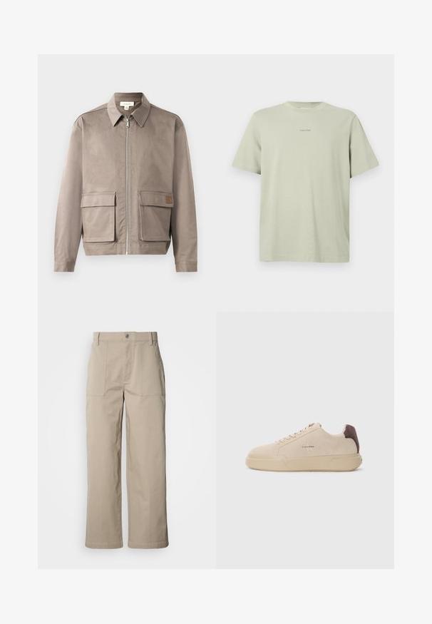 Lys beige jakke med lynlås foran, spids krave og to forsætslommer. Materialet har en glat, let struktureret overflade.; Lys grøn bomulds t-shirt med rund hals, korte ærmer og et lille Calvin Klein-logo i en mørkere nuance trykt på brystet.; Beige bukser med vide ben lavet af bomuld; har forlommer, knaplukning og synlig syning langs kanterne.; Beige ruskind sneakers med rund tå, snørret foran og en brun ruskindsdetalje på hælen. Har en tekstureret gummisål.