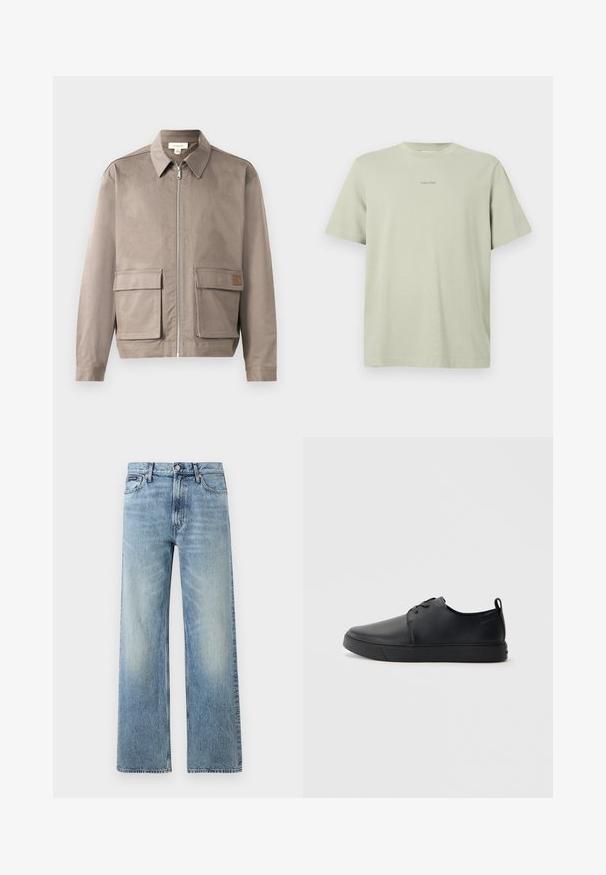 Hellbeige Jacke mit Reißverschluss vorne, spitzem Kragen und zwei vorderen Klappentaschen. Das Material hat eine glatte, leicht strukturierte Oberfläche.; Hellgrünes Baumwoll-T-Shirt mit Rundhalsausschnitt, kurzen Ärmeln und einem kleinen Calvin Klein-Logo in einer dunkleren Farbe, das auf der Brust gedruckt ist.; Hellblaue Jeans mit geradem Bein, hohem Bund, fünf Taschen, Knopfverschluss und dezentem Verblassen an Oberschenkeln und Knien.; Schwarze Leder-Sneaker mit glatter Oberfläche, abgerundeter Zehenpartie, gleichfarbiger Nähte, schnürbarem Vorderteil und flacher Gummisohle. Schlaufe an der Ferse.