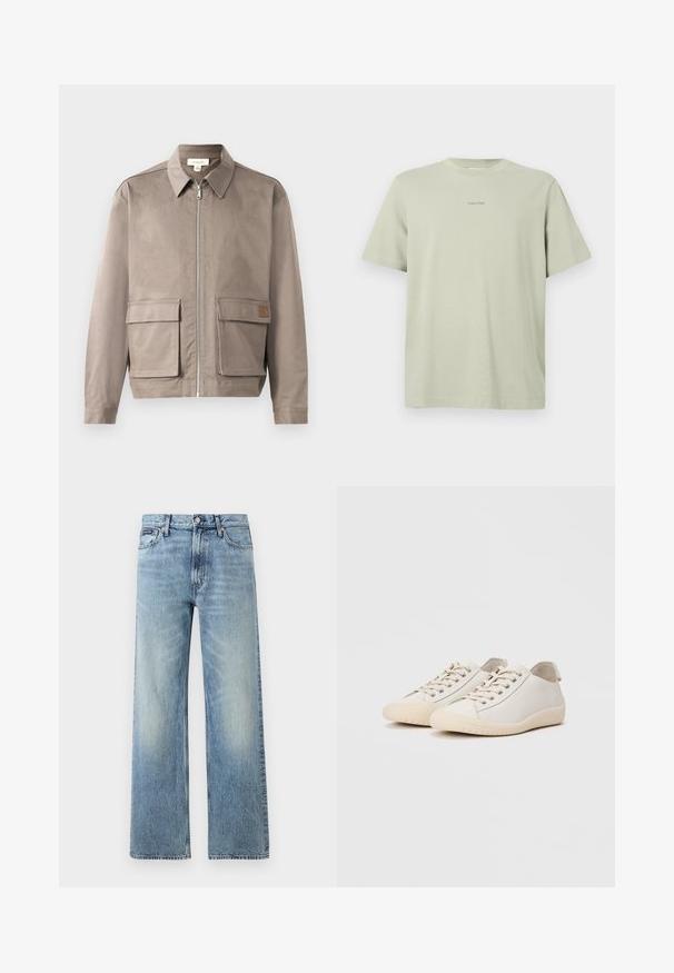 Lys beige jakke med lynlås foran, spids krave og to forsætslommer. Materialet har en glat, let struktureret overflade.; Lys grøn bomulds t-shirt med rund hals, korte ærmer og et lille Calvin Klein-logo i en mørkere nuance trykt på brystet.; Lyseblå denim jeans med lige ben, højt talje, fem lommer, knaplukning og diskrete falmede områder på lår og knæ.; Hvide sneakers lavet af glat læder med tonede stikninger, snørebåndslukning, rund tå og en tekstureret gummisål.