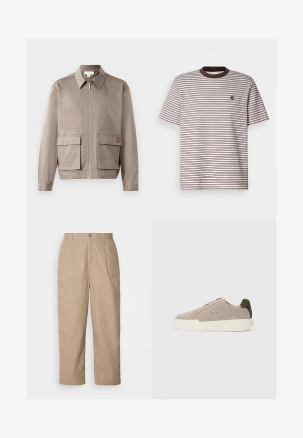 Lys beige jakke med lynlås foran, spids krave og to forsætslommer. Materialet har en glat, let struktureret overflade.; Stripet kortærmet t-shirt med brune og cremefarvede vandrette striber, rund halsudskæring med brune detaljer og lille broderet logo på brystet.; Beige, lette bomuldsbukser med plisset front, knaplukning og lige ben, der har en glat tekstur og ingen synlige mønstre.; Beige ruskinds sneakers med en hvid gummisål, der har en mørkegrøn hælaccent og subtil branding på siden.