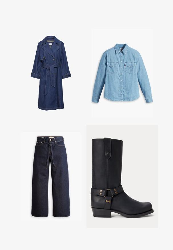 Manteau trench en denim bleu foncé avec un devant croisé, de larges revers et une ceinture à nouer. Il dispose de deux poches latérales et de poignets à boutons.; Chemise en denim bleu clair à manches longues, col pointu, deux poches poitrine, patte de boutonnage et texture subtile. Pas de motifs visibles.; Jeans en denim bleu foncé à jambes larges, avec une taille haute, dotés d'un lien à cordon, de cinq poches et de détails de couture contrastants.; Botte noire en cuir mi-mollet avec un petit talon, un bout rond et une sangle décorative avec des rivets métalliques et un anneau autour de la cheville.