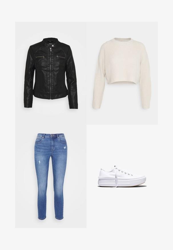 Sort læderjakke med standkrave, frontlynlås og to lynlåslommer på brystet. Har struktureret syning og tætsiddende silhuet.; Afklippet sweater i off-white med ribbet tekstur, rund halsudskæring og lange, let oversized ærmer.; Slanke jeans lavet af blåt denim, med let slid og afblegede områder, samt et klassisk fem-lomme design og bæltestropper.; Hvid lavt snørestøvle med tyk plateau-sål, snørelukning foran og gummiforstærket tåkap, set i sideprofil.