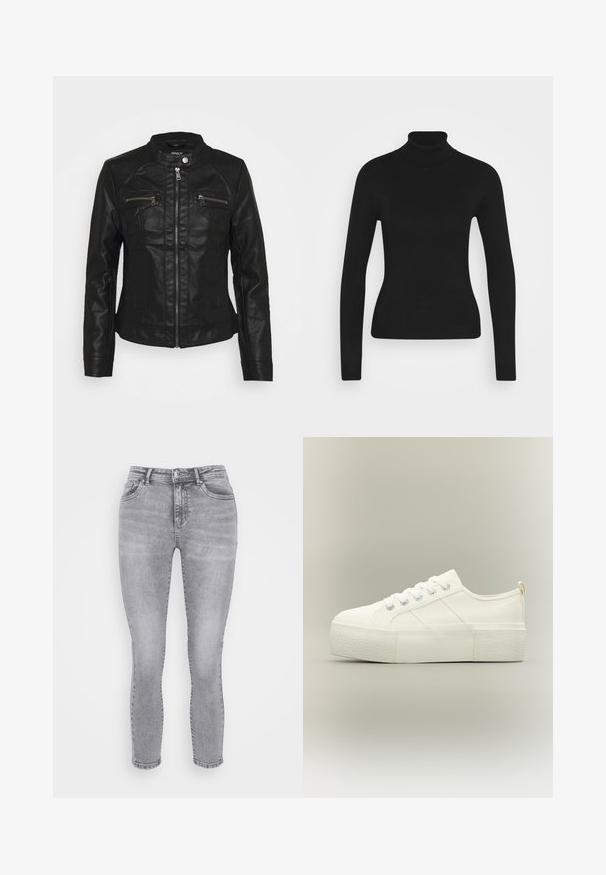 Schwarze Lederjacke mit Stehkragen, Front-Reißverschluss und zwei Reißverschluss-Brusttaschen. Verfügt über strukturierte Nähte und eine figurbetonte Silhouette.; Schwarzer Rollkragenpullover mit langen Ärmeln, gefertigt aus einem glatten Strickstoff. Hat ein tailliertes Design und einen gerippten Kragen.; Graue Denim-Skinny-Jeans mit mittelhoher Taille, Fünf-Taschen-Design und dezentem Verblassen des Stoffes. Klassischer Knopf- und Reißverschluss.; Weißer Plateau-Sneaker mit dicker, texturierter Sohle, Schnürung vorne und dezenten Steppdetails auf neutralem Hintergrund.