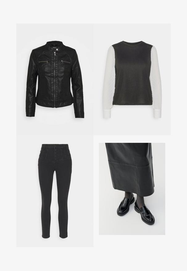 Sort læderjakke med standkrave, frontlynlås og to lynlåslommer på brystet. Har struktureret syning og tætsiddende silhuet.; ONLY Petite ONLAISSHA - Striktrøje - black/cloud dancer; Vero Moda Petite VMSOPHIA - Jeans Skinny Fit - black denim; Sorte læder loafers med en glat finish, prydet med en dekorativ rem, rund tå og tekstureret sål. Båret med en lang sort læderskirt.