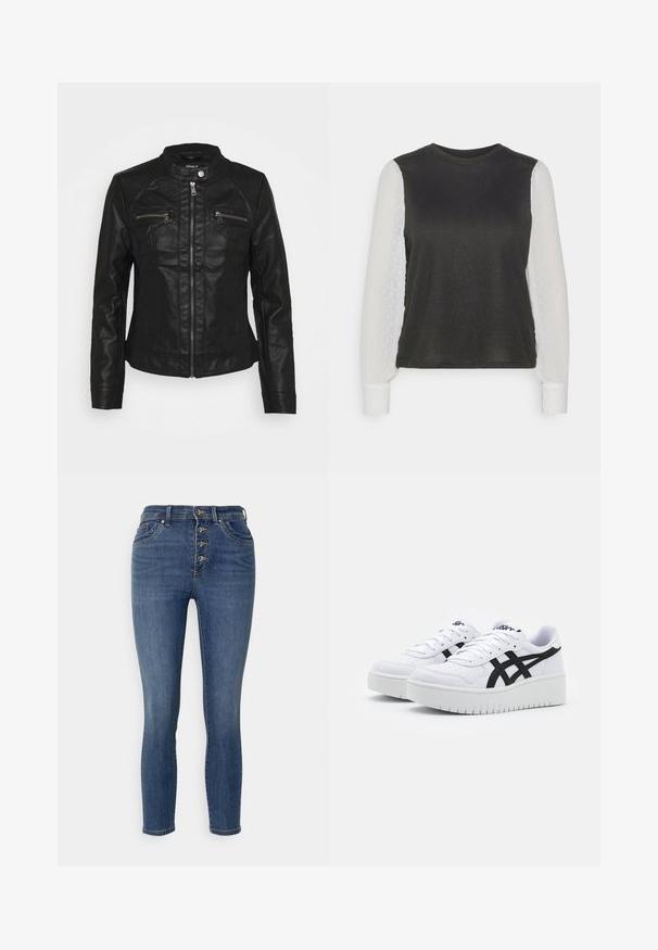 Μαύρο δερμάτινο μπουφάν με γιακά, μπροστινό φερμουάρ και δύο τσέπες στο στήθος με φερμουάρ. Διαθέτει υφασμάτινη ραφή και κομμένη σιλουέτα.; ONLY Petite ONLAISSHA - Πουλόβερ - black/cloud dancer; Σκούρο μπλε τζιν παντελόνι με ψηλή μέση, κλείσιμο με πέντε κουμπιά και ελαφριά φθορά. Ιδιαίτερα εφαρμοστή γραμμή με κανονικές τσέπες και ίσια γραμμή ποδιών.; Λευκά αθλητικά παπούτσια με υφή, μαύρες πλευρικές ρίγες και χοντρή λευκή σόλα. Περιλαμβάνει σχέδιο με κορδόνια και λογότυπο στη γλώσσα.