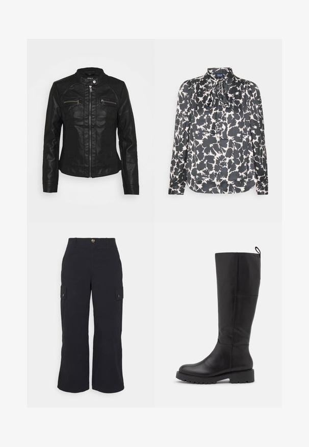 Schwarze Lederjacke mit Stehkragen, Front-Reißverschluss und zwei Reißverschluss-Brusttaschen. Verfügt über strukturierte Nähte und eine figurbetonte Silhouette.; GAP Petite TIE NECK - Bluse - black; Vero Moda Petite VMRILEY LOOSE PANT - Cargohose - black; Vagabond KENOVA - Stiefel - black