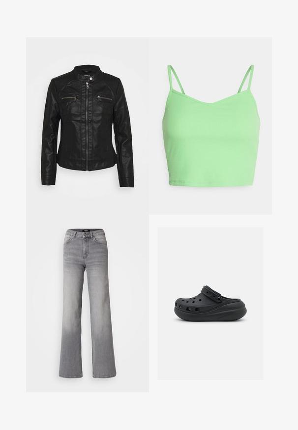 Zwarte leren jas met een opstaande kraag, ritssluiting aan de voorkant en twee ritszakken op de borst. Voorzien van een gestructureerde stiknaad en een aansluitende snit.; ONLY Petite ONLSOPHIA TOP - Top - summer green; Grijs denim jeans met hoge taille en rechte pijpen, voorzien van een knoop en ritssluiting aan de voorkant, voor- en achterzakken, en een vervaagde schaduw op de dijen en kuiten.; Zwarte rubberen klomp met ventilatiegaten, verhoogde hak en verstelbare band. Gladde textuur en afgeronde vorm.