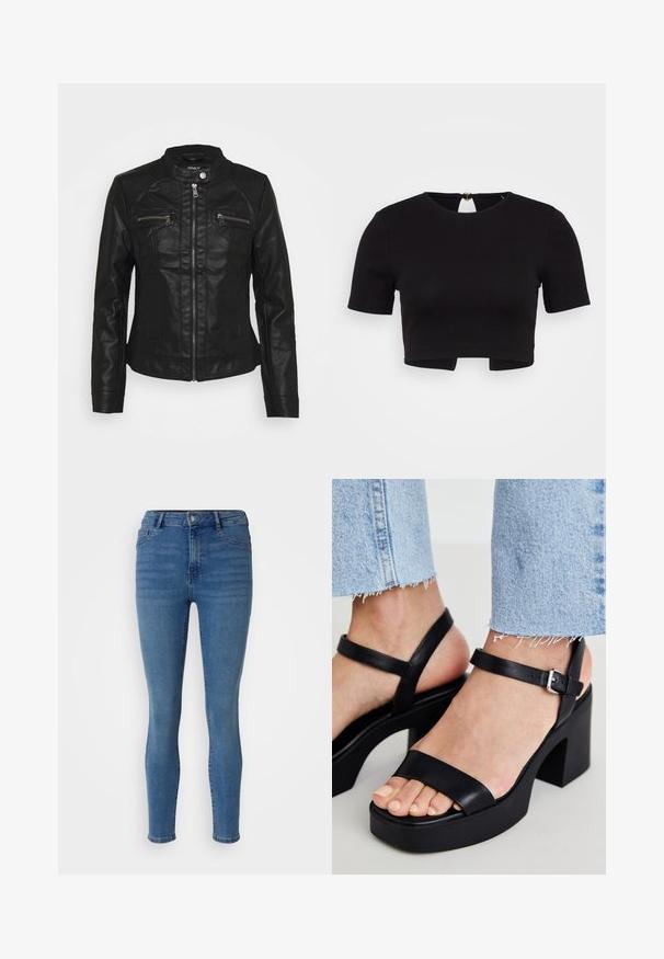 Sort læderjakke med standkrave, frontlynlås og to lynlåslommer på brystet. Har struktureret syning og tætsiddende silhuet.; ONLY Petite ONLRENE OPEN BACK HEART - T-shirts print - black; Slank jeans i medium blå denim, med en frontknaplukning, bæltestroppene og fem lommestil med en glat tekstur.; ALDO CELIE - Højhælede sandaletter / Højhælede sandaler - black