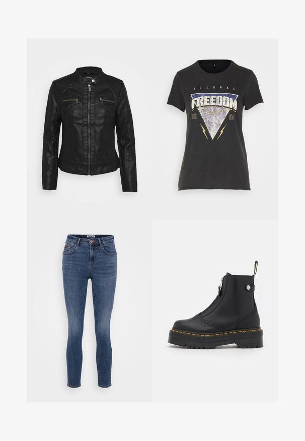 Chaqueta de cuero negra con cuello alzado, cierre frontal de cremallera y dos bolsillos en el pecho con cremallera. Presenta un diseño de costura texturizada y una silueta ajustada.; ONLY ONLLUCY REG S/S TOP JRS NOOS - Camiseta estampada - black; Vaqueros skinny azul oscuro de denim con textura suave, diseño de cinco bolsillos y detalle de botón de cobre en la cintura.; Botín negro de cuero suave, con cremallera lateral, costuras amarillas y suela de goma gruesa y estriada.