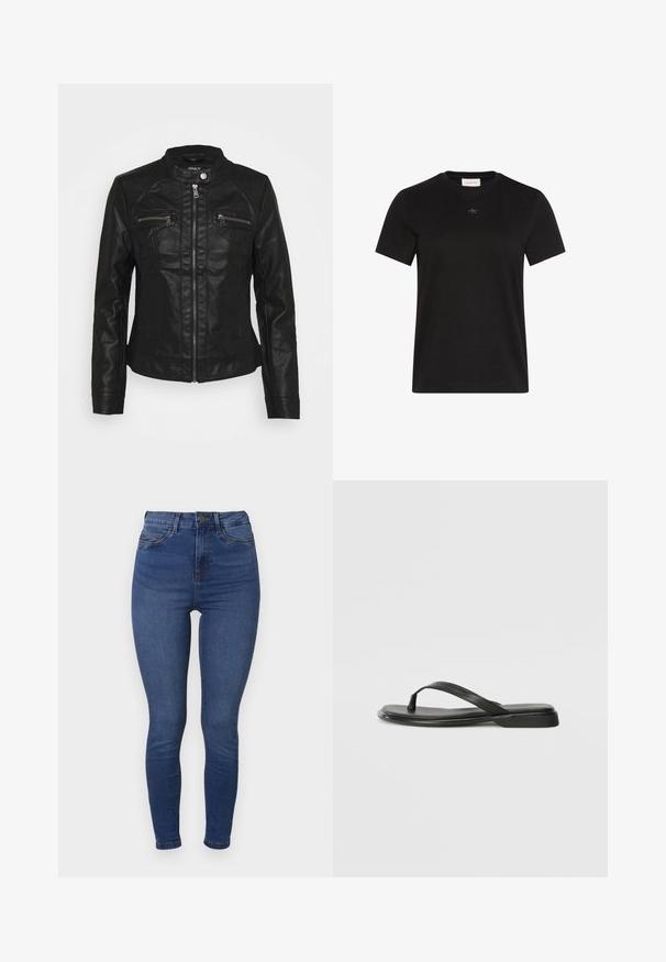 Zwarte leren jas met een opstaande kraag, ritssluiting aan de voorkant en twee ritszakken op de borst. Voorzien van een gestructureerde stiknaad en een aansluitende snit.; Zwart T-shirt met korte mouwen en ronde hals met klein Calvin Klein-logo, gecentreerd onder de halslijn.; Skinny jeans in mediumblauwe denim met een klassiek ontwerp met vijf zakken, subtiele wassing en een ritssluiting. Soepele textuur en pasvorm.; Zwarte teenflip-flop van glad leer, met een dunne band en een platte zool met een minimalistisch profiel. Geen opvallende patronen of accenten.