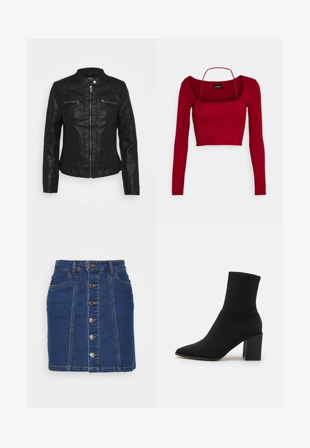 Chaqueta de cuero negra con cuello alzado, cierre frontal de cremallera y dos bolsillos en el pecho con cremallera. Presenta un diseño de costura texturizada y una silueta ajustada.; Even&Odd Petite by Zalando Camiseta de manga larga - bordeaux; Vero Moda Petite VMPETRA - Minifalda - medium blue denim; Botín negro de tobillo hecho de tejido elástico, con punta afilada y tacón cuadrado, con ribetes en la parte superior.