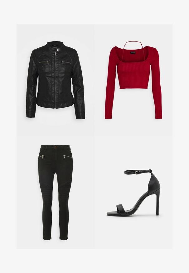 Zwarte leren jas met een opstaande kraag, ritssluiting aan de voorkant en twee ritszakken op de borst. Voorzien van een gestructureerde stiknaad en een aansluitende snit.; Even&Odd Petite Longsleeve - bordeaux; ONLY Petite ONLROYAL BIKER - Jeans Skinny Fit - black denim; Zwarte sandalen met hoge hakken, met een slank ontwerp, voorzien van een enkelbandje, open teen en een gladde leren textuur.