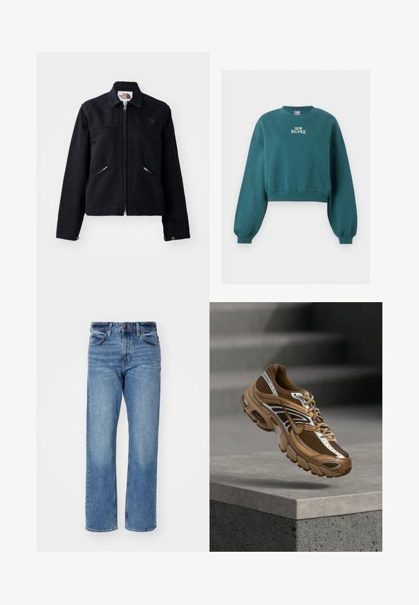 Veste noire avec fermeture éclair à l'avant, deux poches zippées inclinées, et un col. Présente une texture de tissu lisse et un branding minimal.; Sweat-shirt court col rond couleur sarcelle avec manches longues bouffantes et logo "New Balance" centré sur la poitrine en texte blanc.; Jean droit bleu clair en denim. Il dispose de cinq poches, d'une fermeture à bouton classique et d'un léger délavage sur l'ensemble du tissu.; Baskets Nike marron et beige avec mesh et détails réfléchissants flottant au-dessus d'un rebord en béton sur un fond gris flou.