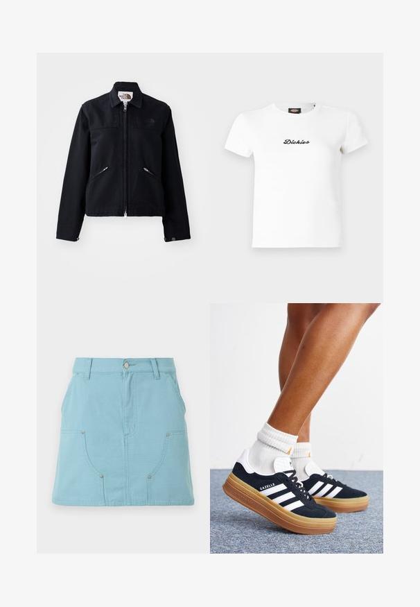 Veste noire avec fermeture éclair à l'avant, deux poches zippées inclinées, et un col. Présente une texture de tissu lisse et un branding minimal.; T-shirt blanc à manches courtes en maille côtelée avec le logo "Dickies" en cursive noire centré sur le devant et un col rond.; Jupe trapèze bleu clair avec poches avant, passants pour ceinture et fermeture à bouton à la taille, présentée sur un fond blanc.; Jambes portant des chaussettes blanches et des baskets Adidas Gazelle noires avec des bandes blanches et des semelles épaisses marron sur un sol recouvert de moquette grise.