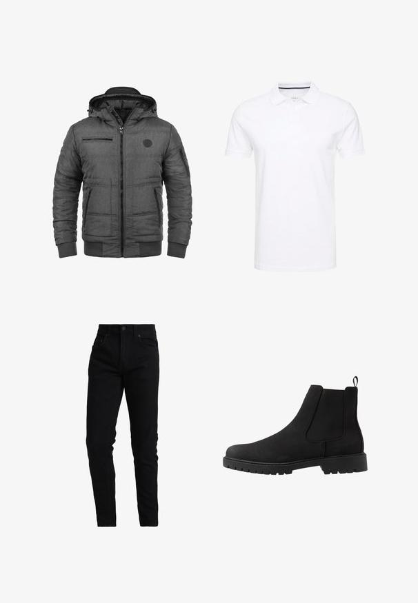 Veste matelassée grise avec capuche. Comprend des poches avant zippées, des poignets côtelés et une finition en tissu texturé. Inclut un détail logo sur la poitrine.; Polo shirt blanc en coton, avec un col traditionnel, des manches courtes et une patte de boutonnage à trois boutons, avec des accents navy discrets à l'intérieur.; Jean noir en denim avec une coupe slim, doté d'une taille moyenne, d'un design à cinq poches et de détails de couture subtils. Tissu à texture lisse.; Pier One by Zalando UNISEX - Bottines - black