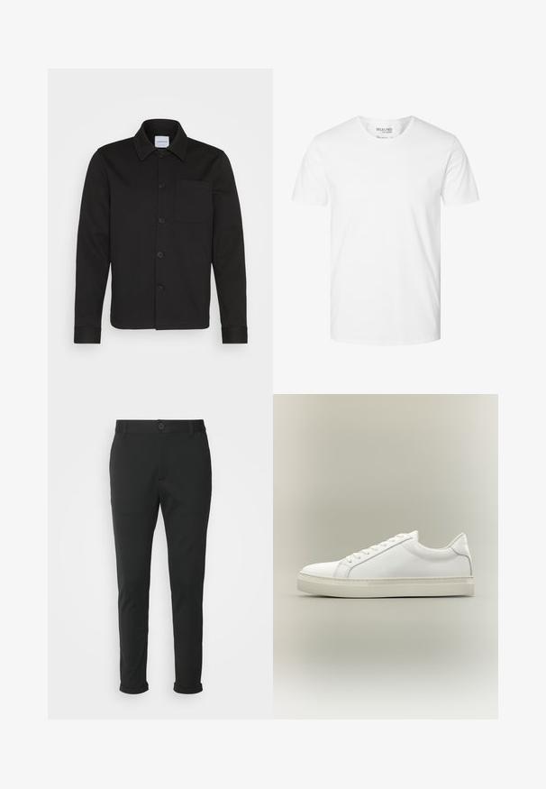 Schwarze Jacke mit Knopfleiste aus glattem Stoff, ausgestattet mit einem Kragen, einer Fronttasche und umgeschlagenen Ärmeln. Keine sichtbaren Muster oder Akzente.; Schlichtes weißes Kurzarm-T-Shirt mit Rundhalsausschnitt aus Bio-Baumwolle, Marke Selected Homme, Größe Large.; Schwarze Hose aus einem glatten Stoff mit geradem Schnitt. Besitzt einen einzelnen Knopfverschluss und umgeschlagene Bündchen.; Weißer Sneaker mit niedrigem Schaft, vorn mit Schnürung und dicker Sohle, aus der Seitenansicht vor neutralem Hintergrund.