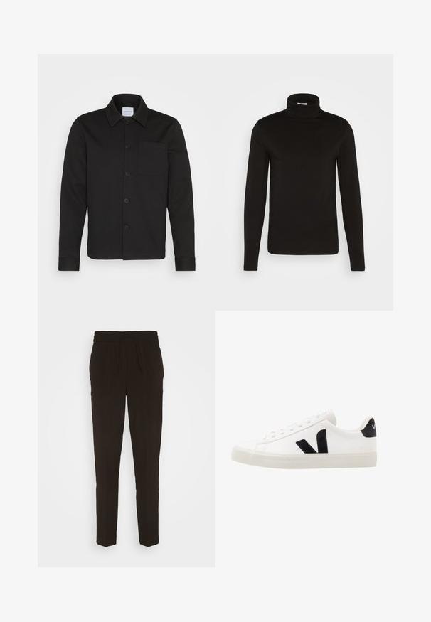 Schwarze Jacke mit Knopfleiste aus glattem Stoff, ausgestattet mit einem Kragen, einer Fronttasche und umgeschlagenen Ärmeln. Keine sichtbaren Muster oder Akzente.; Schwarz, langärmliges Turtleneck-Shirt aus einem glatten Stoff mit figurnaher Passform und hohem, enganliegendem Kragen. Keine sichtbaren Muster oder Akzente.; Schwarze, lange, schmal zulaufende Hose aus einem weichen, glatten Material. Mit einem elastischen Bund und einem Kordelzug für eine verstellbare Passform.; Weiße Leder-Sneaker mit schwarzen Wildlederelementen; verfügen über eine Gummisohle, eine runde Spitze und ein klassisches Schnürdesign. Seitliches Logo in Schwarz.