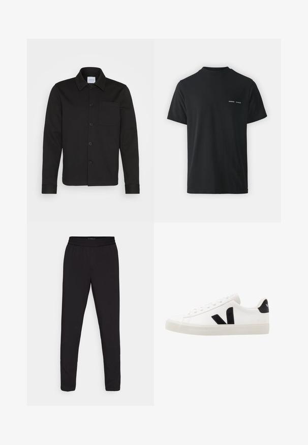 Sort knapjakke lavet af glat stof, med krave, forlommer og manchetter. Ingen synlige mønstre eller accenter.; Sort bomulds t-shirt med klassisk rund hals, korte ærmer og to små hvide "SAMSØE" logoer på venstre bryst.; Sorte tapered bukser med elastisk talje, lavet af et glat, let stof, uden synlige mønstre eller hardware-detaljer.; Hvide lædersneakers med sorte ruskindsdetaljer; har en gummisål, rund tå og klassisk snørebåndsdesign. Side logo i sort.