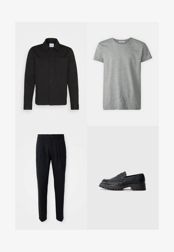 Schwarze Jacke mit Knopfleiste aus glattem Stoff, ausgestattet mit einem Kragen, einer Fronttasche und umgeschlagenen Ärmeln. Keine sichtbaren Muster oder Akzente.; Graues Kurzarm-T-Shirt aus weichem Baumwollmix. Hat einen Rundhalsausschnitt und eine einfache, glatte Textur ohne Muster oder Akzente.; Schwarze, maßgeschneiderte Hose mit vorderen Falten, Knopfverschluss und Gürtelschlaufen, vor einem weißen Hintergrund präsentiert.; Schwarze Leder-Loafer mit abgerundeter Schuhspitze, ausgestattet mit einem dekorativen Riemen und einer robusten Gummisohle mit tiefem Profil für besseren Halt.