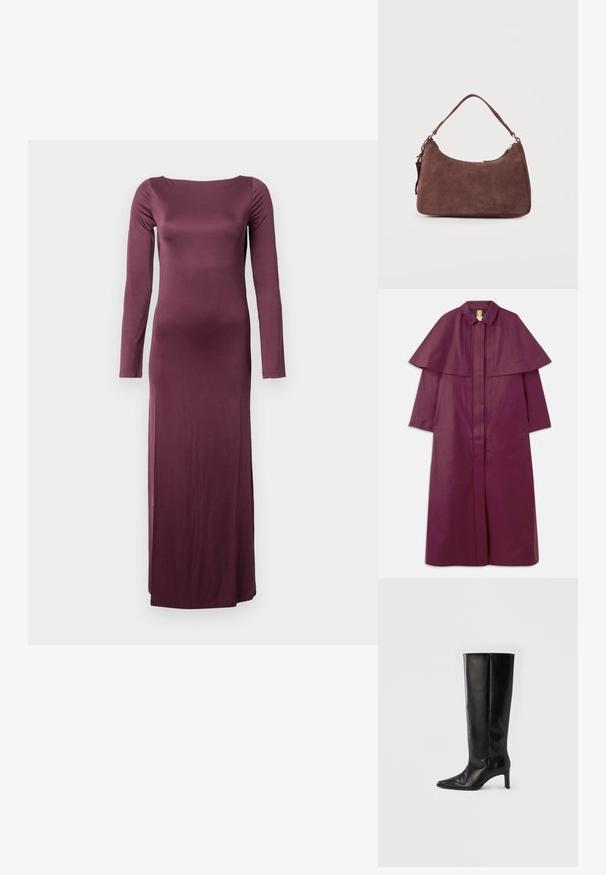 Manteau long violet avec un design structuré à cape, col et fermeture éclair frontale. Confectionné dans un matériau lisse avec une texture unie.; Robe longue à manches longues en tissu bourgogne profond. Présente un décolleté bateau et une silhouette lisse et ajustée.; Bottes noires montantes en cuir lisse, avec un bout pointu et un talon fin, une tige ajustée et un design minimaliste.; Sac bandoulière en daim marron avec une anse unique et une fermeture éclair, présenté sur un fond clair uni.