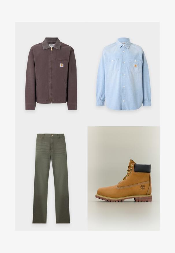 Brun lynlåstrøje med krave, lynlåslomme på brystet, to sidelommer og Carhartt-logo på venstre bryst.; Lyseblå skjorte med lange ærmer og knapper, med to forlommer, hvoraf den ene har et Carhartt-logo og subtile hvide malersprøjt.; Olivengrønne bukser med lige ben, bæltestropper, forlommer og knaplukning i taljen.; Brun læderankelstøvle med sort krave, gule snørebånd og tanfarvet sål. Har logo og hvide syninger som detalje. Robust ydersål med greb.