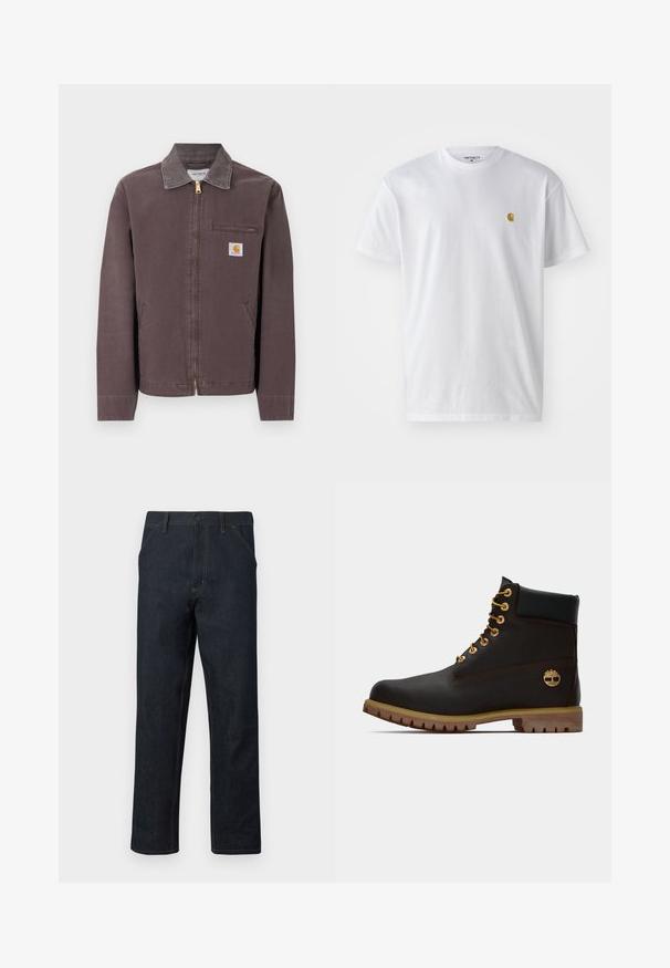Brown zip-up jacket with collar, chest zip pocket, two side pockets, and Carhartt logo patch on the left chest.; White cotton t-shirt with short sleeves, crew neck, featuring a small gold logo on the left chest area. Soft texture and regular fit.; Dark blue denim jeans with a straight leg design, yellow stitching, front pockets, and a button fastener at the waist.; Black leather ankle boot with gold eyelets, brown accents, and a rubber sole. Features a padded collar and embossed logo on the side.