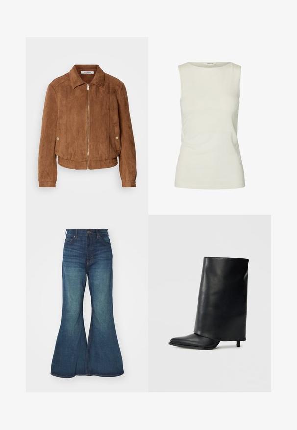 Veste en suède marron avec fermeture éclair, ourlet côtelé et col montant. Équipée de poches latérales avec boutons pression et d'une surface texturée.; Débardeur blanc uni sans manches avec un col rond, fabriqué en tissu lisse, présenté sur fond blanc.; Jean en denim évasé de bleu moyen, présentant une taille haute, un design à cinq poches et des coutures contrastées. Texture lisse avec un léger délavage.; Bottine en cuir noir avec un design structuré à rabat, bout pointu et talon fin. Texture lisse avec un minimum de détails.