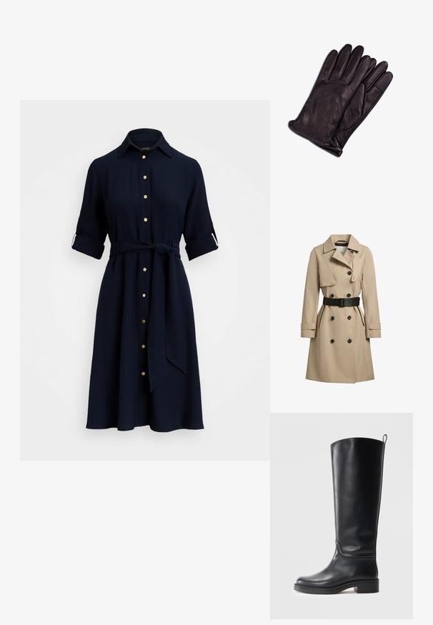 Beige Trenchcoat mit doppelreihigen Knöpfen, schwarzen Akzenten, taillierter Passform, breiten Revers und einem Gürtel in der Taille. Texturiertes, wasserabweisendes Gewebe.; Marineblaues Kleid mit Kragen, durchgehender Knopfleiste und aufgerollten Ärmeln. Inklusive passendem Gürtel und mit goldfarbenen Knöpfen.; Schwarze Lederstiefel bis zum Knie mit glatter Textur, runder Spitze und robuster Sohle. Verfügt über dezente Nahtdetails und eine Schlaufe zum Anziehen am oberen Ende.; CASH-MERE Fingerhandschuh - schwarz