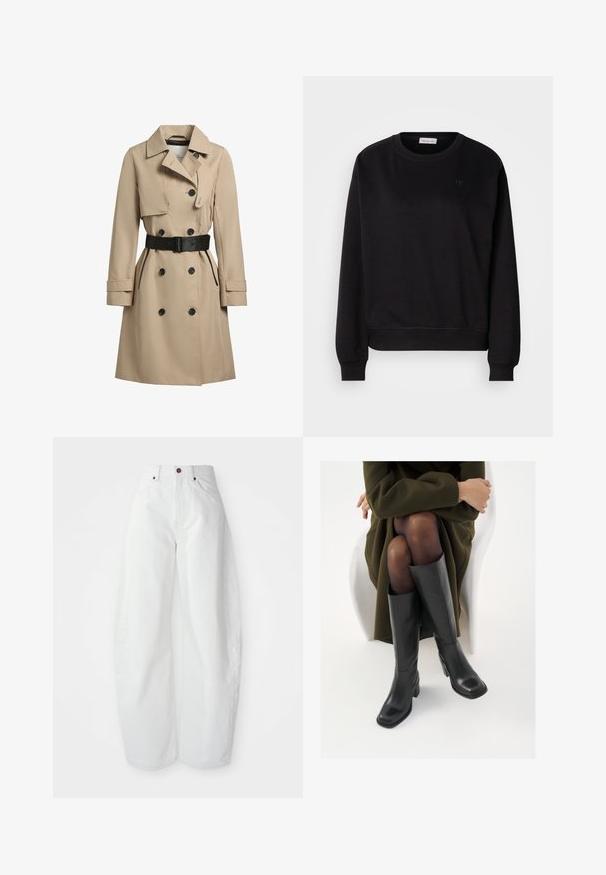 Gabardina beige con botones de doble botonadura, detalles en negro, corte entallado, solapas amplias y un cinturón en la cintura. Tejido texturizado y resistente al agua.; Sudadera negra hecha de material suave, con cuello redondo, puños acanalados y un pequeño logotipo de CK en el pecho. Diseño simple y minimalista.; Pantalones de mezclilla blancos de tiro alto con un corte holgado. Presentan un cierre de botón, bolsillos laterales y un diseño minimalista. Textura suave.; Botas de cuero negro hasta la rodilla con puntera cuadrada y tacón de bloque, presentadas con un modelo sentado en un abrigo verde oliva. Textura suave, mínimo detalle.