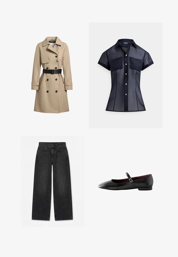 Beige Trenchcoat mit doppelreihigen Knöpfen, schwarzen Akzenten, taillierter Passform, breiten Revers und einem Gürtel in der Taille. Texturiertes, wasserabweisendes Gewebe.; Marineblaues, kurzärmeliges, transparentes Hemd mit Knöpfen, zwei Brusttaschen und spitzem Kragen, das eine figurbetonte Silhouette zeigt.; Schwarze Jeans mit weitem Bein, vorn mit Knöpfen und Reißverschluss, Gürtelschlaufen und Fünf-Taschen-Design auf einem einfarbigen weißen Hintergrund.; Schwarzer flacher Mary Jane Lederschuh mit kleinem Schnallenriemen und spitzer Spitze.