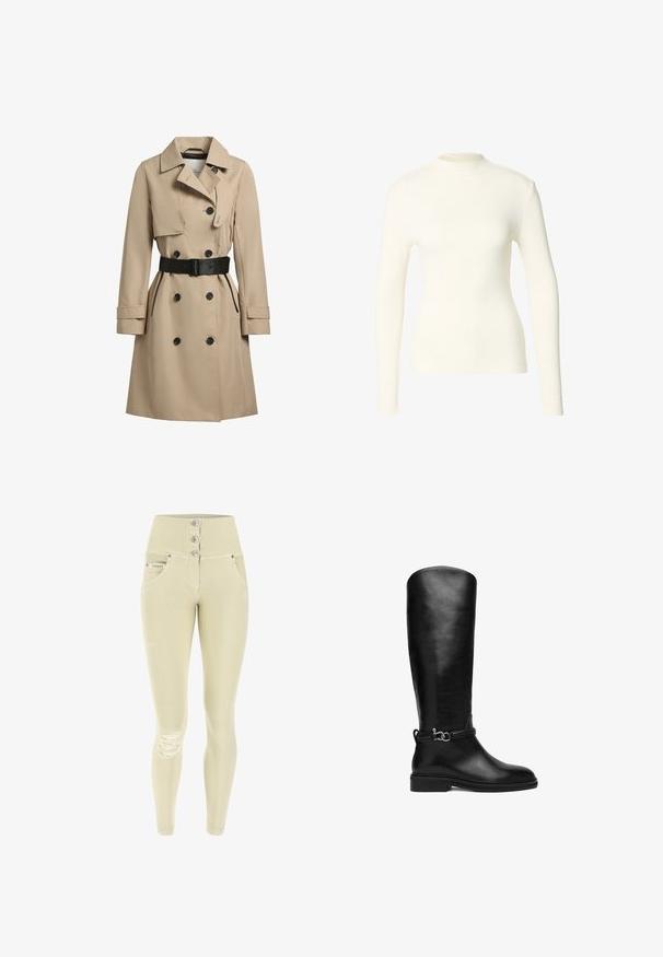 Gabardina beige con botones de doble botonadura, detalles en negro, corte entallado, solapas amplias y un cinturón en la cintura. Tejido texturizado y resistente al agua.; Top de manga larga en tela crema suave con cuello alto y diseño ajustado. Textura suave, detalles mínimos y sin cierres visibles.; Jeans ajustados de cintura alta en denim beige claro con cierre de tres botones, bolsillos frontales y detalle desgastado en una rodilla.; Bota negra de cuero hasta la rodilla con tacón bajo y una correa decorativa con hebilla de metal plateado alrededor del tobillo.