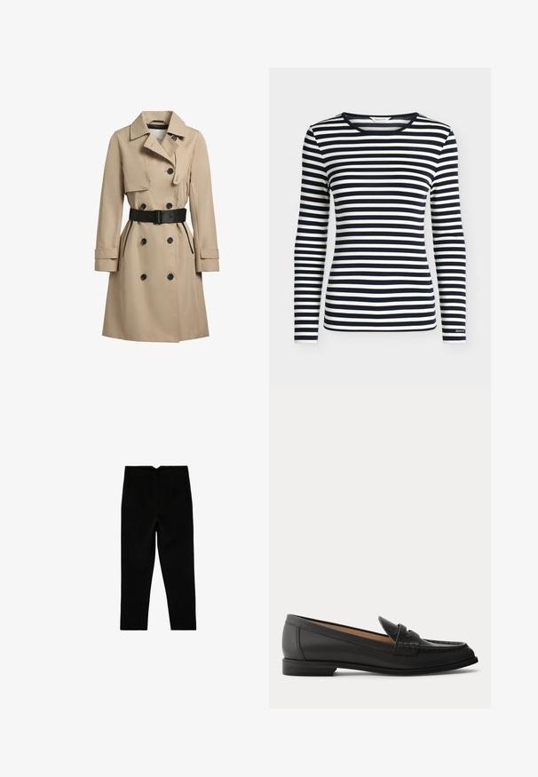 Beige Trenchcoat mit doppelreihigen Knöpfen, schwarzen Akzenten, taillierter Passform, breiten Revers und einem Gürtel in der Taille. Texturiertes, wasserabweisendes Gewebe.; Langarmshirt mit marineblauen und weißen horizontalen Streifen und rundem Ausschnitt, mit GANT-Logo am Ärmelbündchen.; Schwarze, maßgeschneiderte, knöchellange Hose mit Seitentaschen und leicht zulaufendem Bein, flach auf weißem Hintergrund ausgelegt.; Schwarzer Damen-Loafer aus Leder mit niedrigem Absatz, abgerundeter Spitze und genähten Details am Obermaterial, von der Seite auf einfarbigem Hintergrund gezeigt.