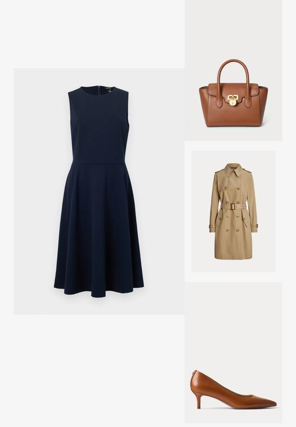 Beige knielange trenchcoat met dubbele rij knopen, ceintuur in de taille, schouderepauletten en klepzakken.; Donkerblauwe mouwloze jurk van een gladde stof, met een aansluitend lijfje en een uitlopende rok. Voorzien van een onzichtbare ritssluiting aan de achterkant.; Bruine leren pump met lage hak en puntige neus, van opzij afgebeeld tegen een effen lichte achtergrond.; Bruine leren handtas met een gestructureerd ontwerp, bovenhandvatten, een gouden sluiting en zichtbare stikseldetails voor textuur.