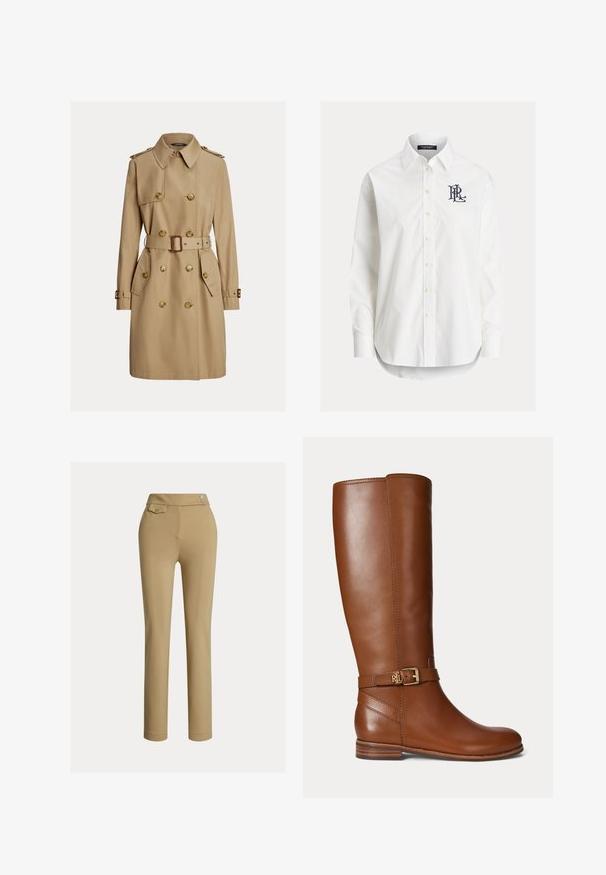 Beige knælængde trenchcoat med dobbeltradede knapper, bælte i taljen, skulderstropper og lommer med klap.; Hvid langærmet skjorte med knapper og spidser krave samt sort broderet logo på venstre bryst.; Beige slim-fit kvindebukser med høj talje, to knapper i siden og en lille lomme med knap nær taljebåndet.; Brun læder knæhøj støvle med en lille guldbøjle og "RL" logo på remmen nær anklen, flad hæl og glat finish.