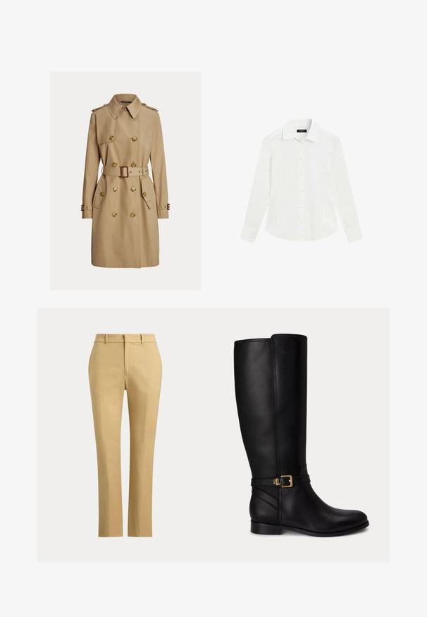Beiger knielanger Trenchcoat mit doppelreihigen Knöpfen, Taillengürtel, Schulterklappen und Pattentaschen.; Weißes langärmliges Hemd mit Kragen und Manschetten, flach auf weißem Hintergrund dargestellt.; Beige Straight-Leg-Hose mit Gürtelschlaufen, Frontreißverschluss und maßgeschneiderten Biesen auf einem einfarbigen hellen Hintergrund.; Schwarzer kniehoher Lederstiefel mit niedrigem Absatz, goldener Schnalle und kleinem eingeprägtem Logo am Seitengurt.