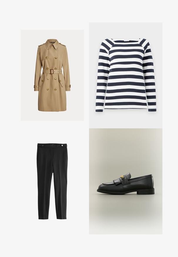 Beige knælængde trenchcoat med dobbeltradede knapper, bælte i taljen, skulderstropper og lommer med klap.; TOM TAILOR STRIPED CARRE NECK - Langærmet T-shirt - lunar eclipse/off white; Sorte skræddersyede bukser med en glat tekstur, der har to frontlommer og en talje med to runde sorte knapper.; Sort læderloafer med frynsedetalje og guldemblem på neutral baggrund, set fra siden.