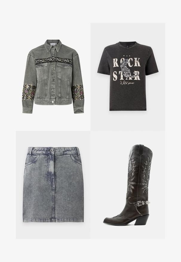 Grijze spijkerjas met geborduurde bloemenbanden over borst en mouwen, knoopsluiting en twee voorzakken met klep.; Zwarte katoenen T-shirt met vet witte tekst "ROCK STAR" en een glinsterend katten silhouet design. Ronde halslijn en korte mouwen.; Grijze denim minirok met een vervaagde wassing, voorzien van voorzakken, een knoopsluiting en een rechte zoom. Gestoffeerde stof.; Zwarte leren cowboylaars met decoratieve uitsnijdingen, zilveren gesp en schuine hak, weergegeven op een witte achtergrond.