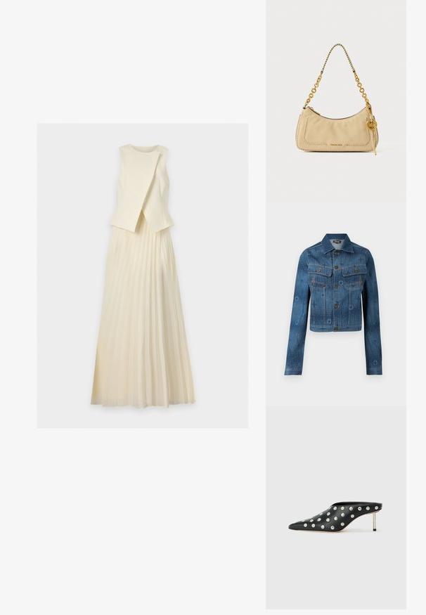 Blå denimjakke med en cropped design, to brystlommer, knaplukning foran, og subtile tonale mønstrede accenter over stoffet.; Ærmeløs cremefarvet kjole med asymmetrisk lagdelt overdel og lang plisseret nederdel.; STAND STUDIO KELSEY - Mules med hæl - black; Beige læder skuldertaske med flettede kanter, guldkæde strop og en cirkulær guldfarvet vedhæng med initialerne MK.