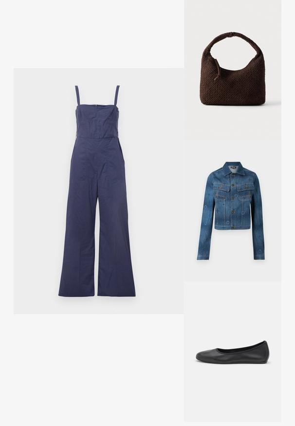 Sinine denimjakker, millel on lühike disain, kaks rinna taskut, nööbid ees ja peened tonaalsed mustrid üle kanga.; Tumesinine jumpsuit õhukeste rihmadega, sobiva kehaga ja laia jala lõikega. Omab tagumist tõmblukku ja siledat kangast.; Musthave mustika tantsutossud mustast nahast, ümmarguse varbaga, siledast tekstuurist, minimaalse õmblusdetailiga ja paindliku tallakujundusega.; Pruun punutud käekott, millel on ümar käepide ja mis on valmistatud tekstuurse materjaliga. Omab tõmblukuga sulgemist ja väikest logoga aksenti.