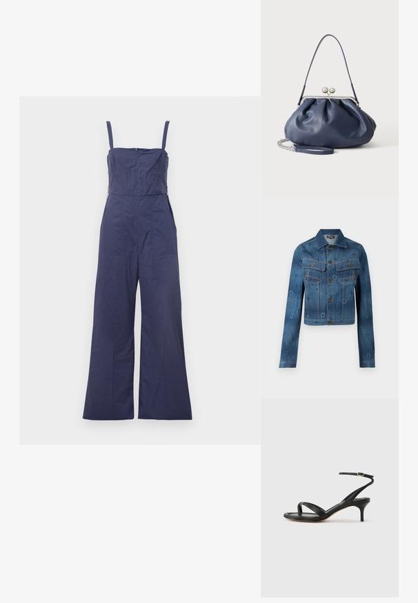 Sinine denimjakker, millel on lühike disain, kaks rinna taskut, nööbid ees ja peened tonaalsed mustrid üle kanga.; Tumesinine jumpsuit õhukeste rihmadega, sobiva kehaga ja laia jala lõikega. Omab tagumist tõmblukku ja siledat kangast.; Mustast nahast naiste sandaal õhukeste rihmadega, varbaringi, pahkluu pandlaga ja keskmise kõrgusega kitsekontsaga neutraalsel taustal.; Pehme tumesinine nahast käekott hõbedase klambriga, ühe õlarihmaga ja eemaldatava ketiga randmerihmaga valgel taustal.